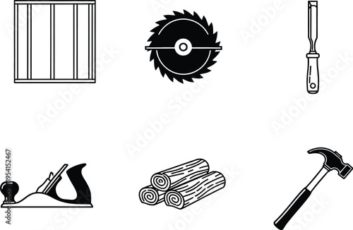 Silhouette icons set of construction and carpentry tools including saws hammers and hand planes for diy and professional use
