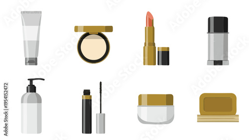 Flat vector icon set of professional makeup cosmetics products with lipstick powder mascara and cream