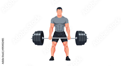 A muscular man in a grey t-shirt and black shorts holds a heavy barbell.