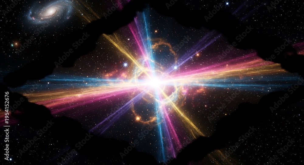 Obraz premium Cosmic Explosion with Bright Light Beams in Deep Space