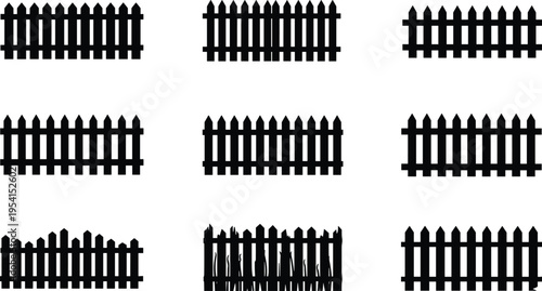 Set of black wooden picket fence silhouettes isolated on white background, collection of garden barrier icons, rustic boundary design elements for landscaping and security concepts
