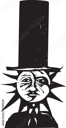 Woodcut expressionist style image of a Top hat sun