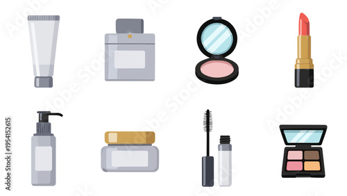 Flat vector icon set of professional makeup cosmetics with lipstick powder mascara and eyeshadow