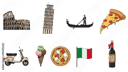 Flat vector icon set of Italian landmarks with colosseum leaning tower gondola pizza and wine