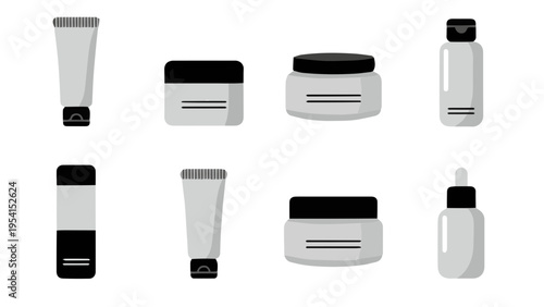 Flat vector icon set of skincare cosmetics beauty products with cream serum foam and cleanser items