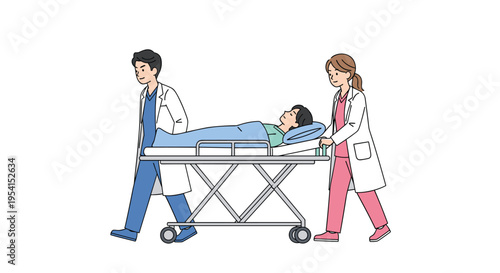 Two medical professionals transport a patient on a gurney, moving across a white background.