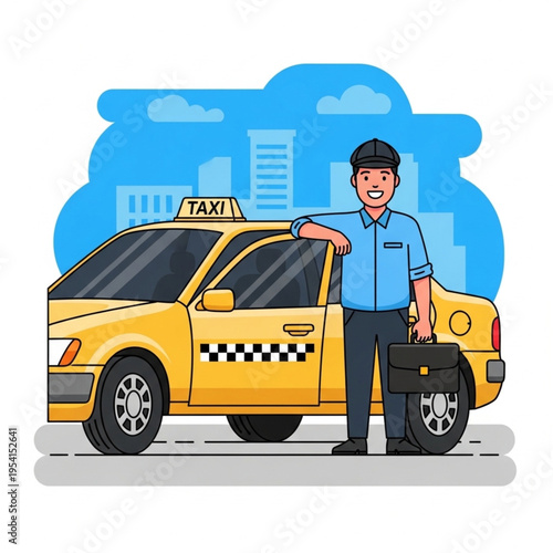 Smiling Taxi Driver Standing Beside Yellow Taxi.