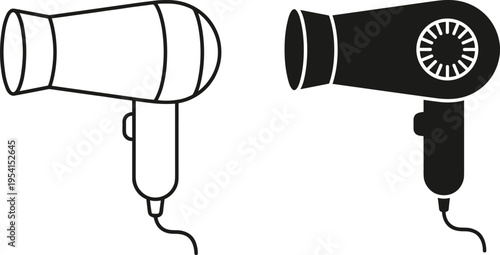 Hair Dryer Silhouette and Line Art Icon Isolated on White Background for Beauty Salon, Hair Styling, Grooming, Fashion, Barber Shop, Personal Care, and Appliance Vector Illustration