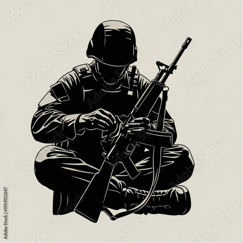 Soldier in Helmet Cleaning Rifle.