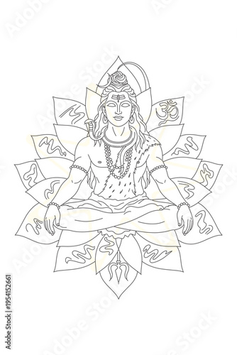 Intricate Line Art Illustration of Lord Shiva in Lotus Position, Mahadev Deity, Spiritual Symbolism, Hindu God