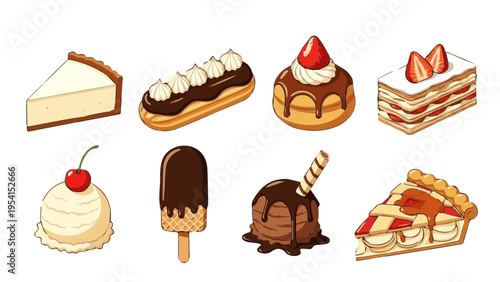 Flat vector icon set of sweet desserts cakes ice cream pies and bakery products items
