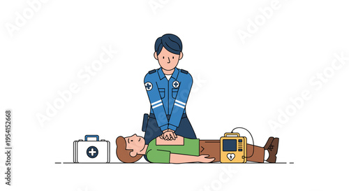 A first responder performs CPR on a male patient with a defibrillator and first aid kit nearby.