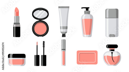 Flat vector icon set of beauty cosmetics makeup products with lipstick powder brush perfume and cream