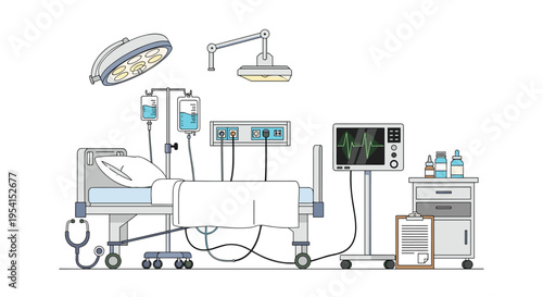 An empty hospital bed with medical equipment including an IV drip and heart monitor stands in a sterile room.