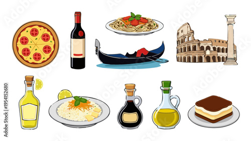 Flat vector icon set of Italian food with pizza wine pasta spaghetti and colosseum items