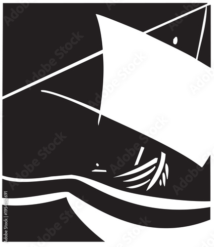 Woodcut expressionist style image of a Viking At Sea