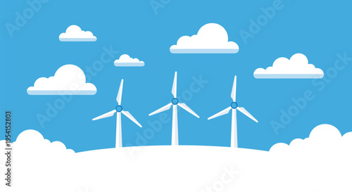 Three white wind turbines are positioned on a gentle white hill under a blue sky with white clouds in a minimalist illustration.