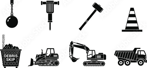 Silhouette icons set of construction and demolition tools and vehicles