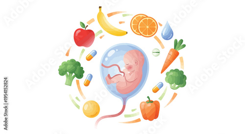 A fetus surrounded by various fruits and vegetables in a circular pattern
