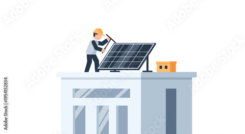 An illustrated worker in a hard hat installs a black solar panel on a grey building's rooftop.