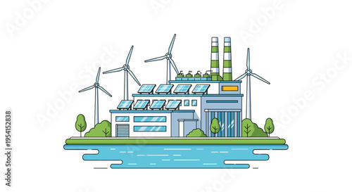 An illustrated eco-friendly factory with solar panels and wind turbines stands beside a body of water.