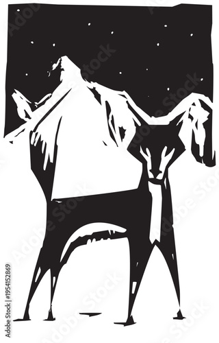 Woodcut expressionist style image of a standing Fox
