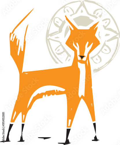 Woodcut expressionist style image of a standing Fox