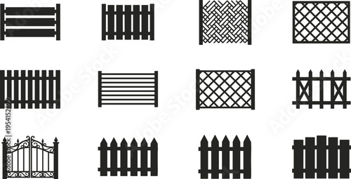 Set of wooden and lattice fence silhouettes with decorative gate designs isolated on white background, featuring garden barriers and outdoor boundary elements for landscaping use