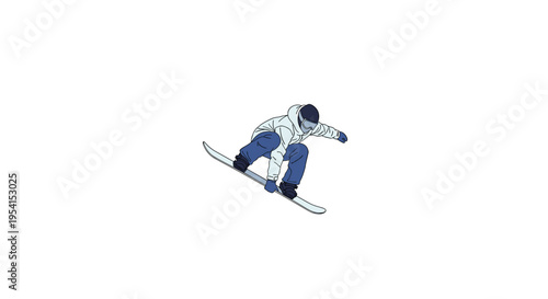 An illustrated snowboarder performs a jump against a stark white background.