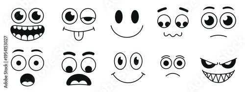 Ten cartoon faces with various expressions and emotions
