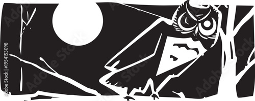 Woodcut expressionist style image of Owls at Night
