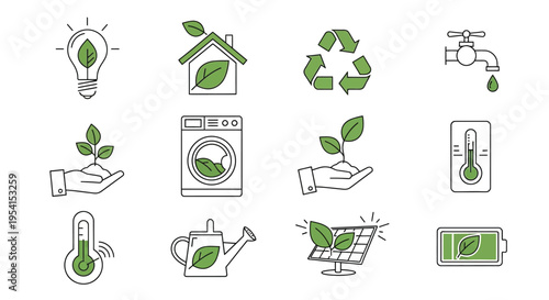 Eco-friendly icons illustrate sustainable living through various green objects and actions indoors and outdoors.