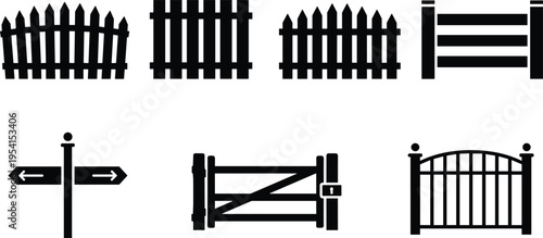 Set of wooden fence and gate silhouettes including picket, panel and locked entrance designs isolated on white background for garden, security and outdoor boundary concepts
