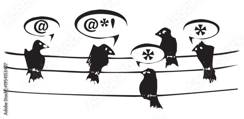 Woodcut expressionist style image of Birds Chatting on a Wire