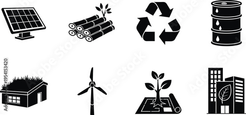 Eco friendly silhouette icons set including solar panel logs recycling symbol barrel house wind turbine plant and building for sustainable energy and environment concepts