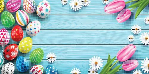 Happy Easter background template with colorful Easter Eggs and flower on wood table background. Handwriting inscription Easter Day. Promotion and shopping template for Easter Day.Vector EPS10