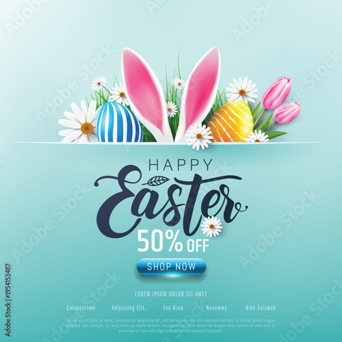 Happy Easter sale 50% off poster and template with Easter Eggs and flower on blue.Greetings and presents for Easter Day.Promotion and shopping template for Easter Day.Vector illustration EPS10