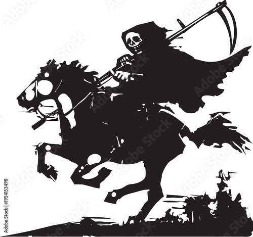 Woodcut expressionist style image of a Death on a Galloping Horse