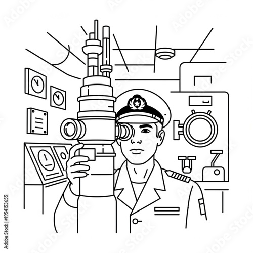 Uniformed Man Holding Periscope in Control Room.