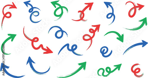 Set of colorful hand drawn spiral arrows with brush stroke texture on transparent background