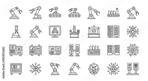 Industrial robots and machinery in a factory setting with various equipment