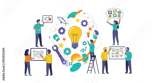People brainstorming ideas with lightbulb and graphics around them