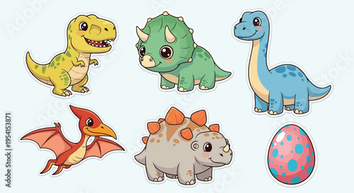 Dinosaurs and a dragon play with a decorated egg outdoors