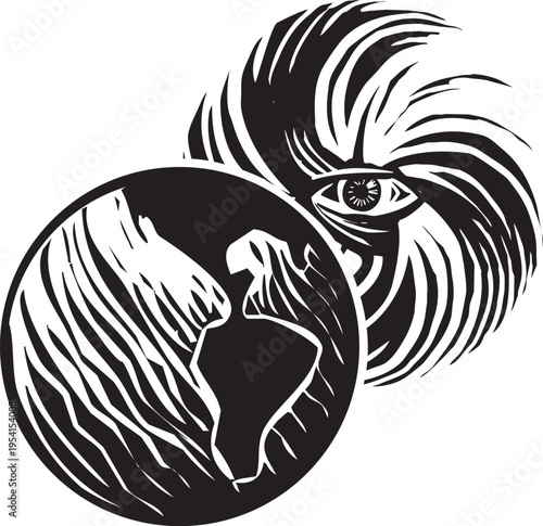 Woodcut expressionist style image of a Hurricane Eye  and Earth
