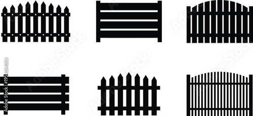 Set of wooden fence silhouettes and garden barriers isolated on white background, including picket, panel and curved designs for outdoor boundary and landscaping use