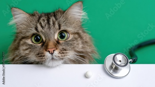 Adorable fluffy cat with stethoscope and tablet on green background