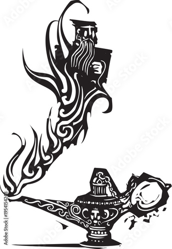 Woodcut expressionist style image of a Genie of the Lamp