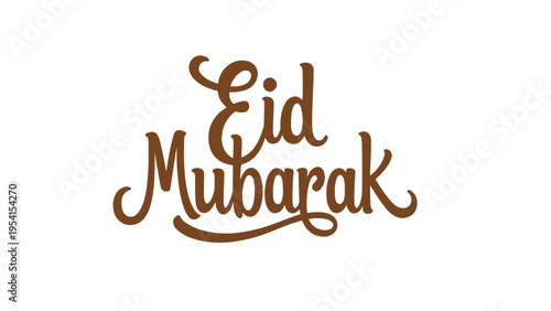 Eid mubarak greeting text on white background with elegant brown calligraphy