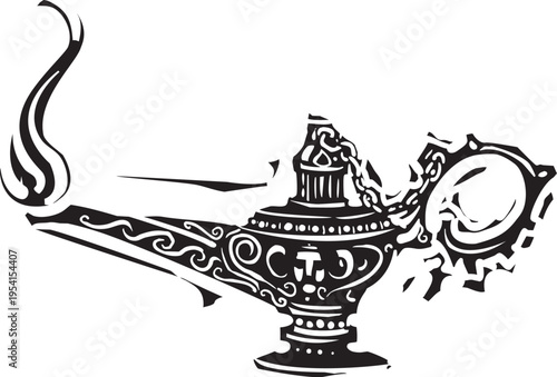 Woodcut expressionist style image of a Burning magic oil Lamp