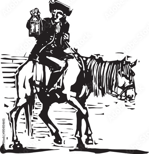 Woodcut expressionist style image of a Colonial Horseman with Lamp